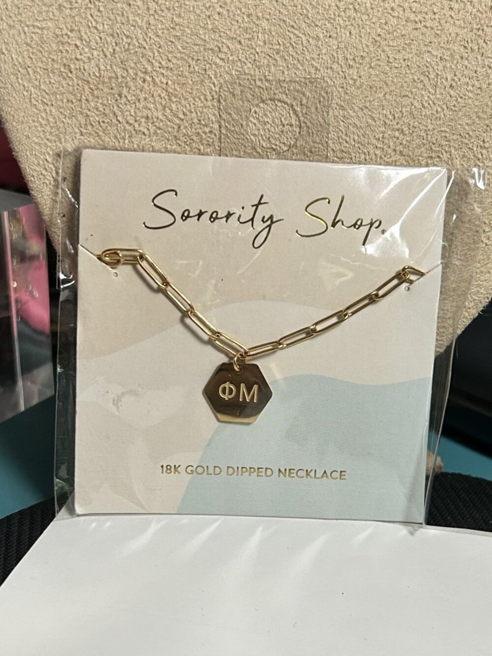 Sorority Shop Phi Mu 18K Gold Dipped Hexagon Paperclip Chain Necklace NWT